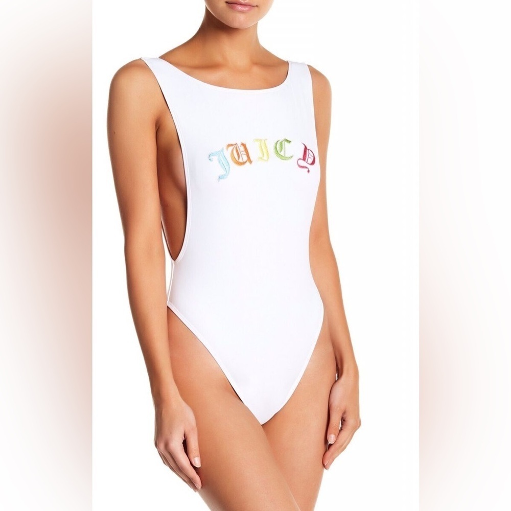 Juicy Couture Black Label Rainbow Embroidered White One Piece Swimsuit
